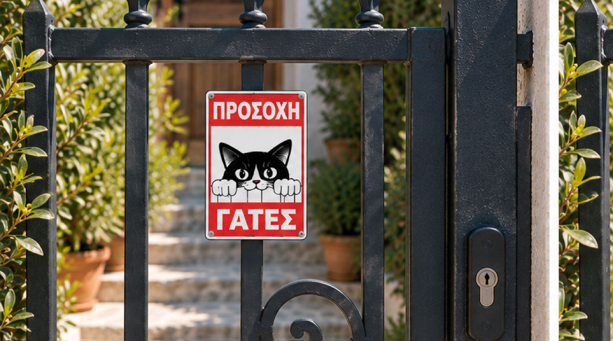 ΠΡΟΣΟΧΗ ΓΑΤΕΣ αστεία πινακίδα ελληνικής παραγωγής