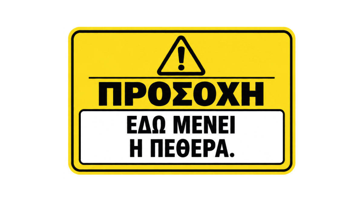 ΠΡΟΣΟΧΗ ΕΔΩ ΜΕΝΕΙ Η ΠΕΘΕΡΑ αστεία πινακίδα και αυτοκόλλητο