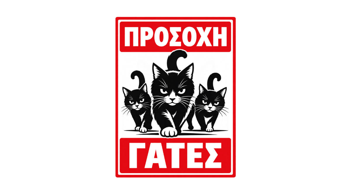 ΠΡΟΣΟΧΗ ΓΑΤΕΣ v2 αστεία πινακίδα και αυτοκόλλητο ελληνικής παραγωγής