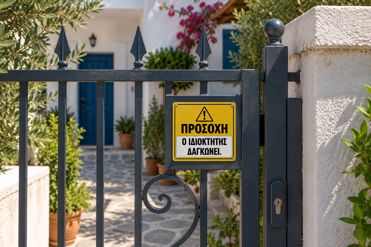ΠΡΟΣΟΧΗ Ο ΙΔΙΟΚΤΗΤΗΣ ΔΑΓΚΩΝΕΙ αστεία πινακίδα και αυτοκόλλητο για πόρτα και αυλόπορτα
