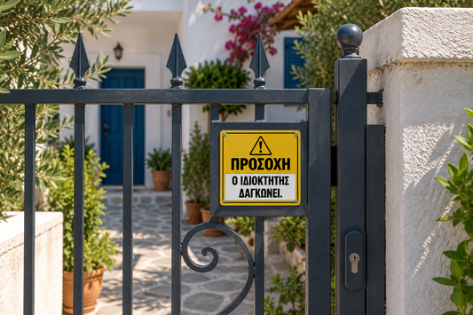 ΠΡΟΣΟΧΗ Ο ΙΔΙΟΚΤΗΤΗΣ ΔΑΓΚΩΝΕΙ αστεία πινακίδα και αυτοκόλλητο για πόρτα και αυλόπορτα